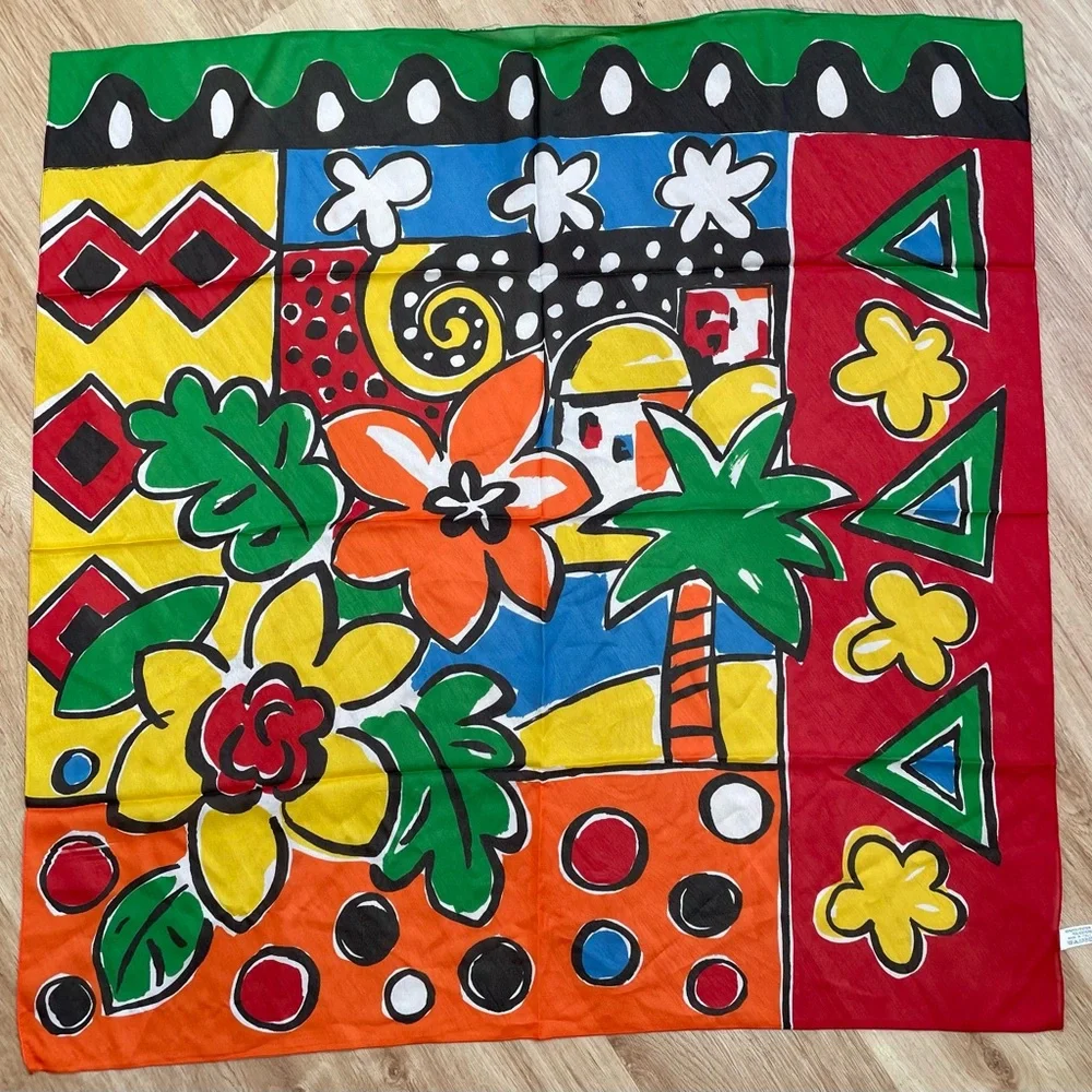 Vintage Colorful square scarf floral polka dots palm tree red blue green yellow